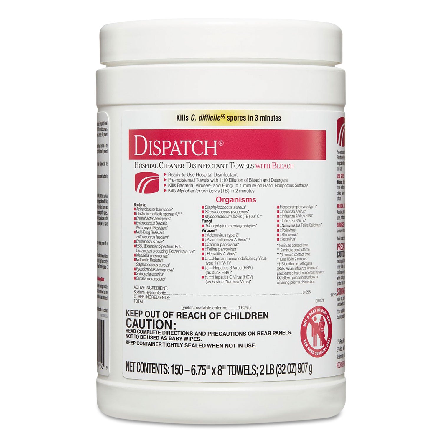 Dispatch Cleaner Disinfectant Towels, 1-Ply, 6.75 x 8, Unscented, White, 150/Canister - 