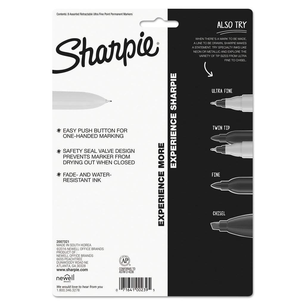 Retractable Permanent Marker, Extra-Fine Needle Tip, Assorted Colors, 8/Set