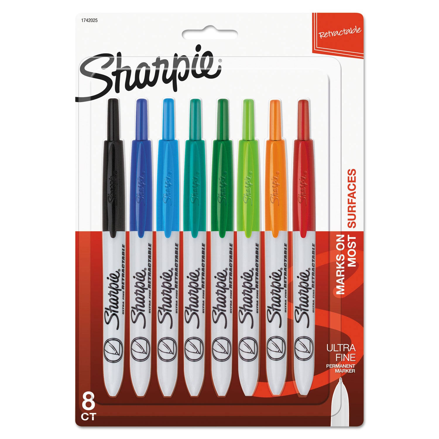 Retractable Permanent Marker, Extra-Fine Needle Tip, Assorted Colors, 8/Set - 