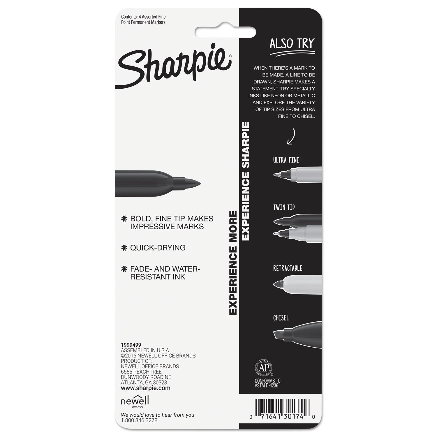 Fine Tip Permanent Marker, Fine Bullet Tip, Assorted Colors, 4/Set