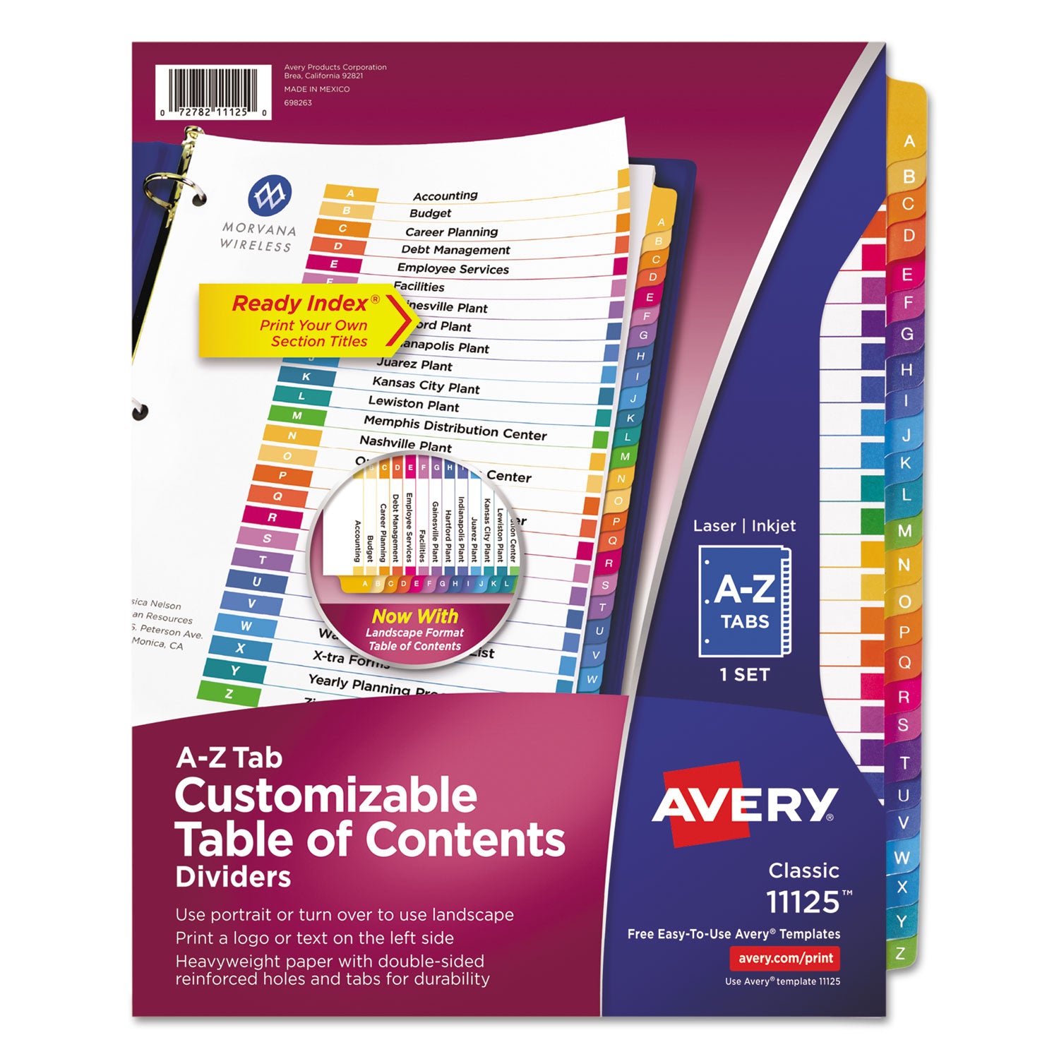Customizable TOC Ready Index Multicolor Tab Dividers, 26-Tab, A to Z, 11 x 8.5, White, Traditional Color Tabs, 1 Set - 
