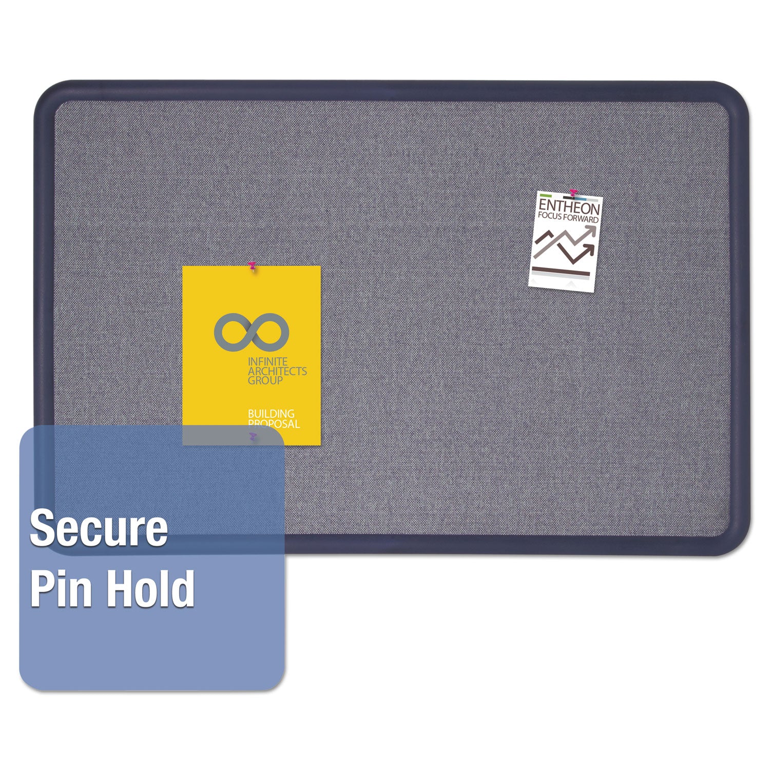 Contour Fabric Bulletin Board, 48 x 36, Light Blue Surface, Navy Blue Plastic Frame - 