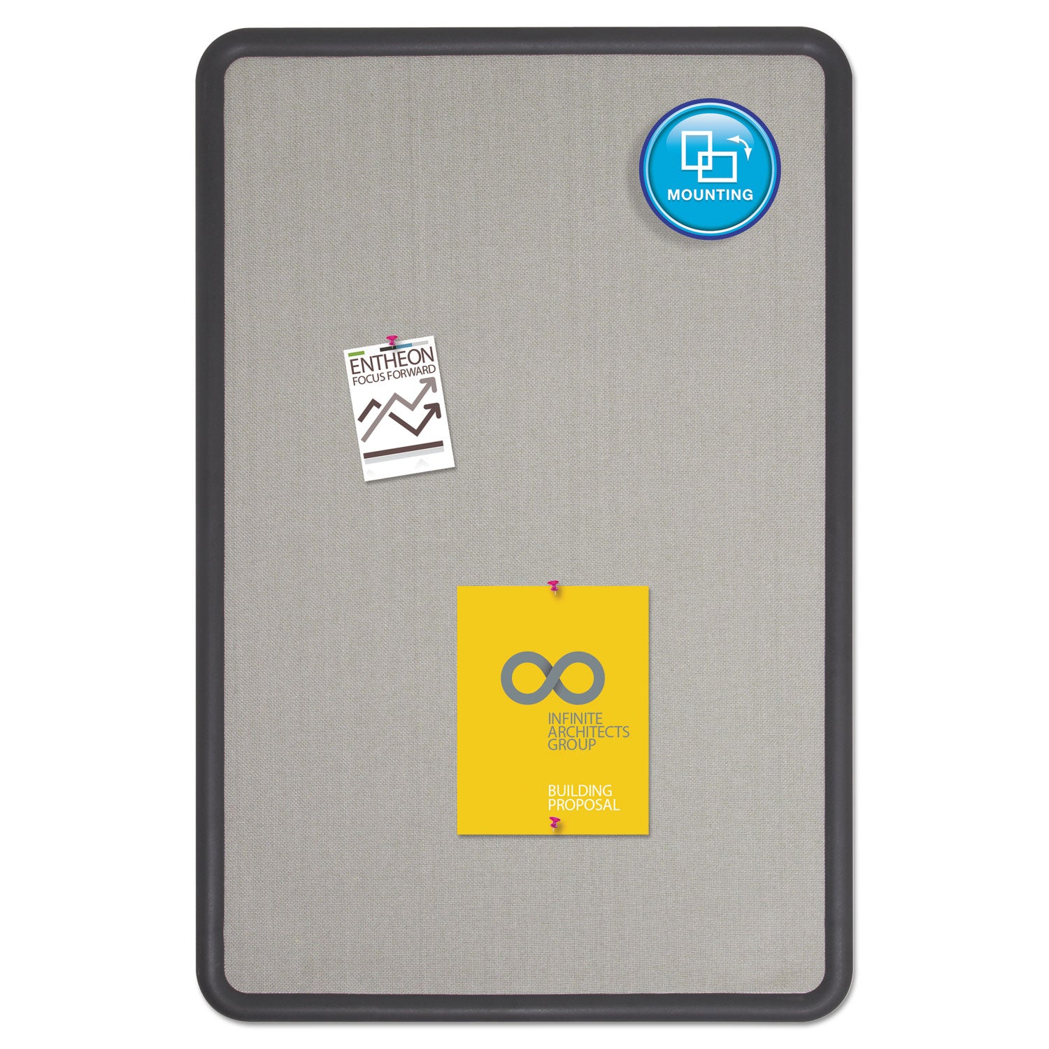 Contour Fabric Bulletin Board, 36 x 24, Gray Surface, Black Plastic Frame