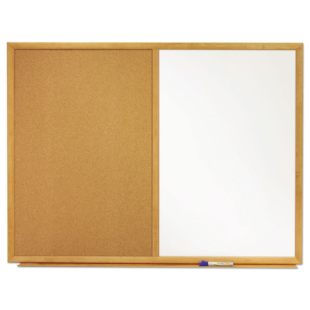 Bulletin/Dry-Erase Board, Melamine/Cork, 36 x 24, Brown/White Surface, Oak Finish Frame - 