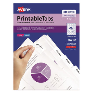 Printable Plastic Tabs with Repositionable Adhesive, 1/5-Cut, White, 1.75" Wide, 80/Pack