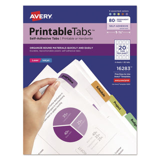 Printable Plastic Tabs with Repositionable Adhesive, 1/5-Cut, Assorted Colors, 1.75" Wide, 80/Pack
