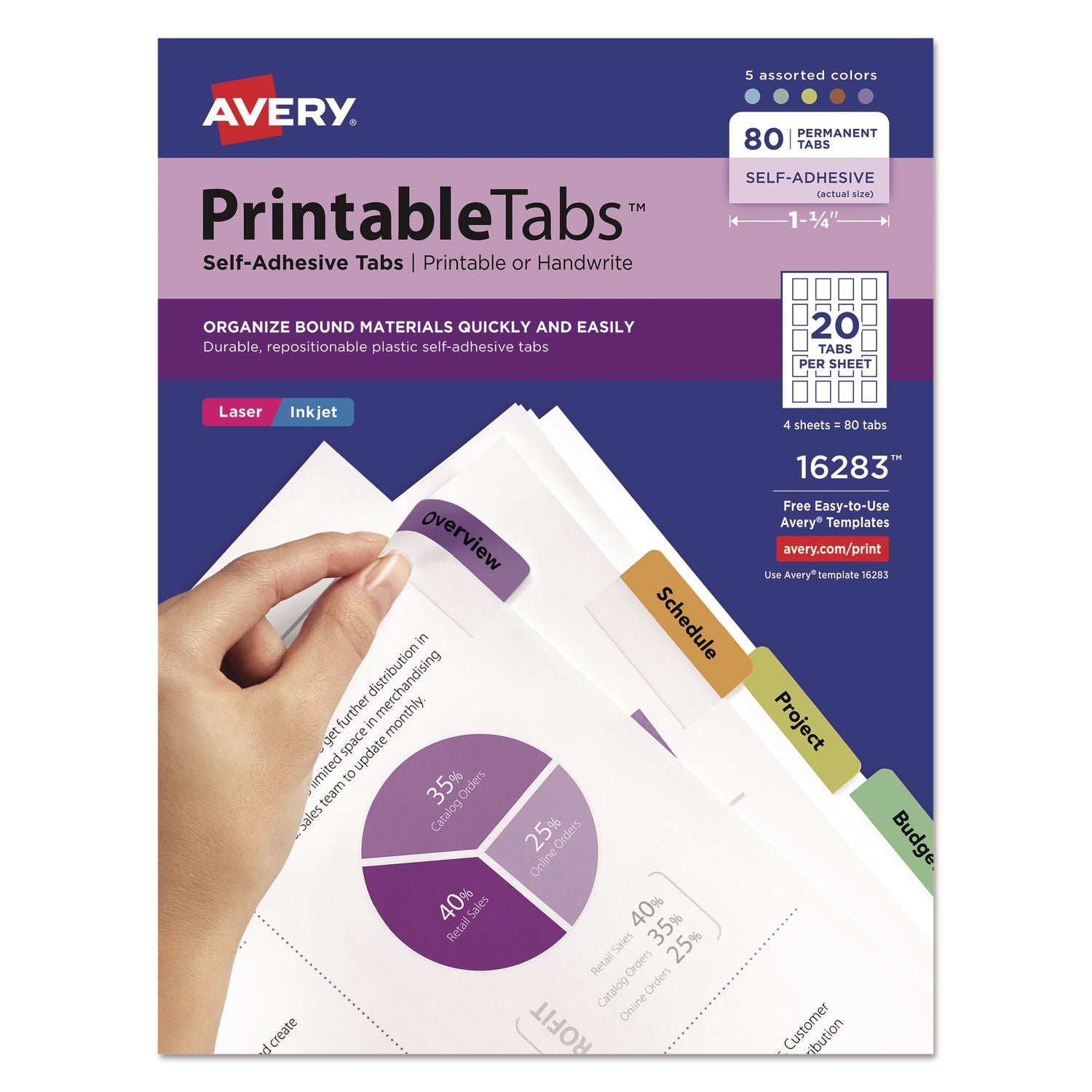 Printable Plastic Tabs with Repositionable Adhesive, 1/5-Cut, Assorted Colors, 1.75" Wide, 80/Pack