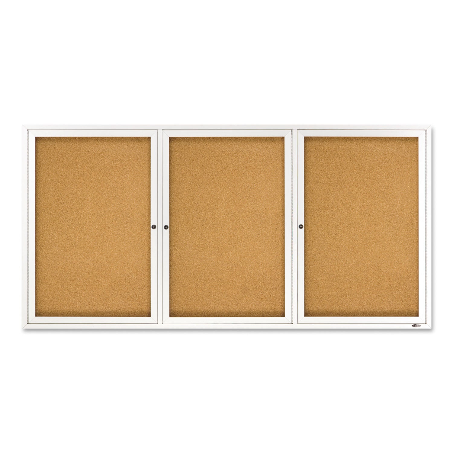 Enclosed Indoor Cork Bulletin Board with Three Hinged Doors, 72 x 36, Tan Surface, Silver Aluminum Frame - 