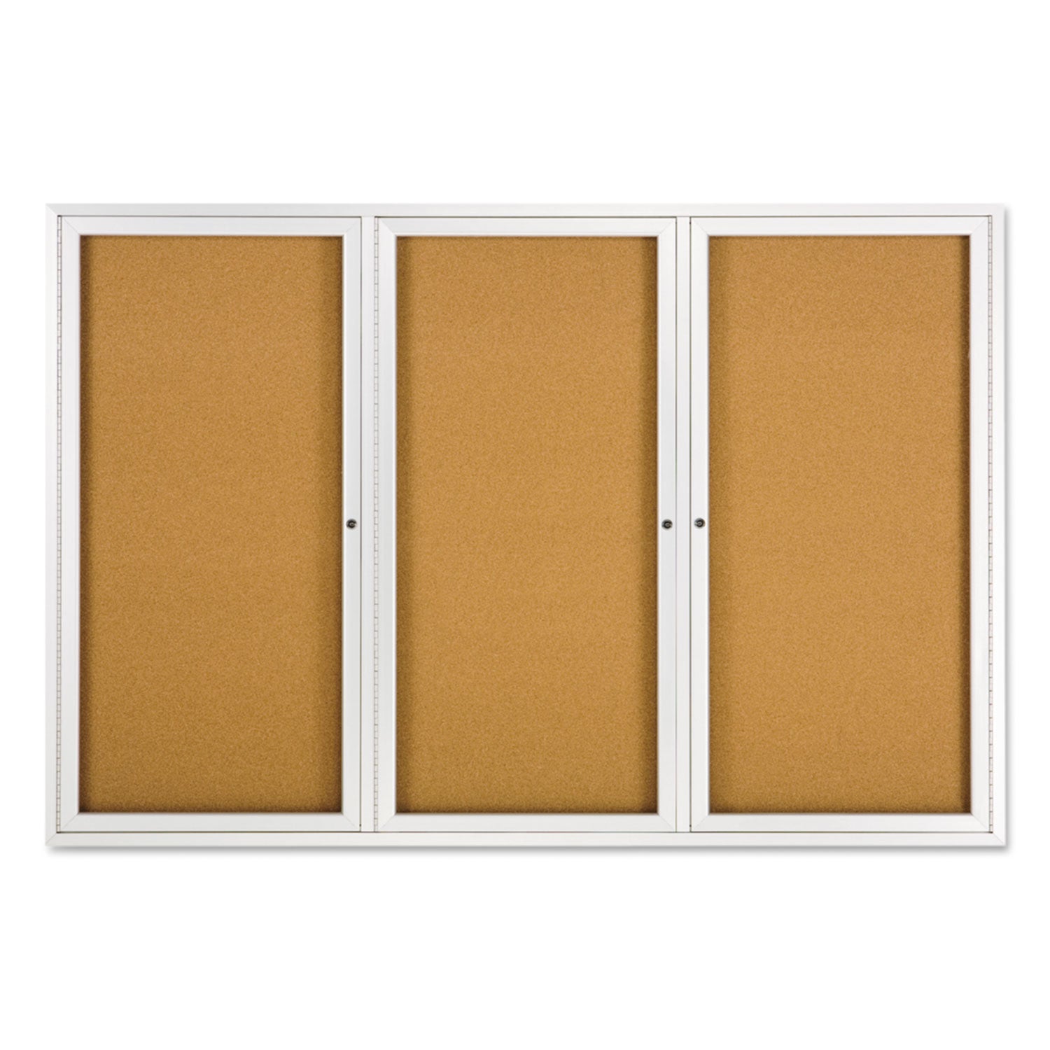 Enclosed Indoor Cork Bulletin Board with Three Hinged Doors, 72 x 48, Tan Surface, Silver Aluminum Frame - 1