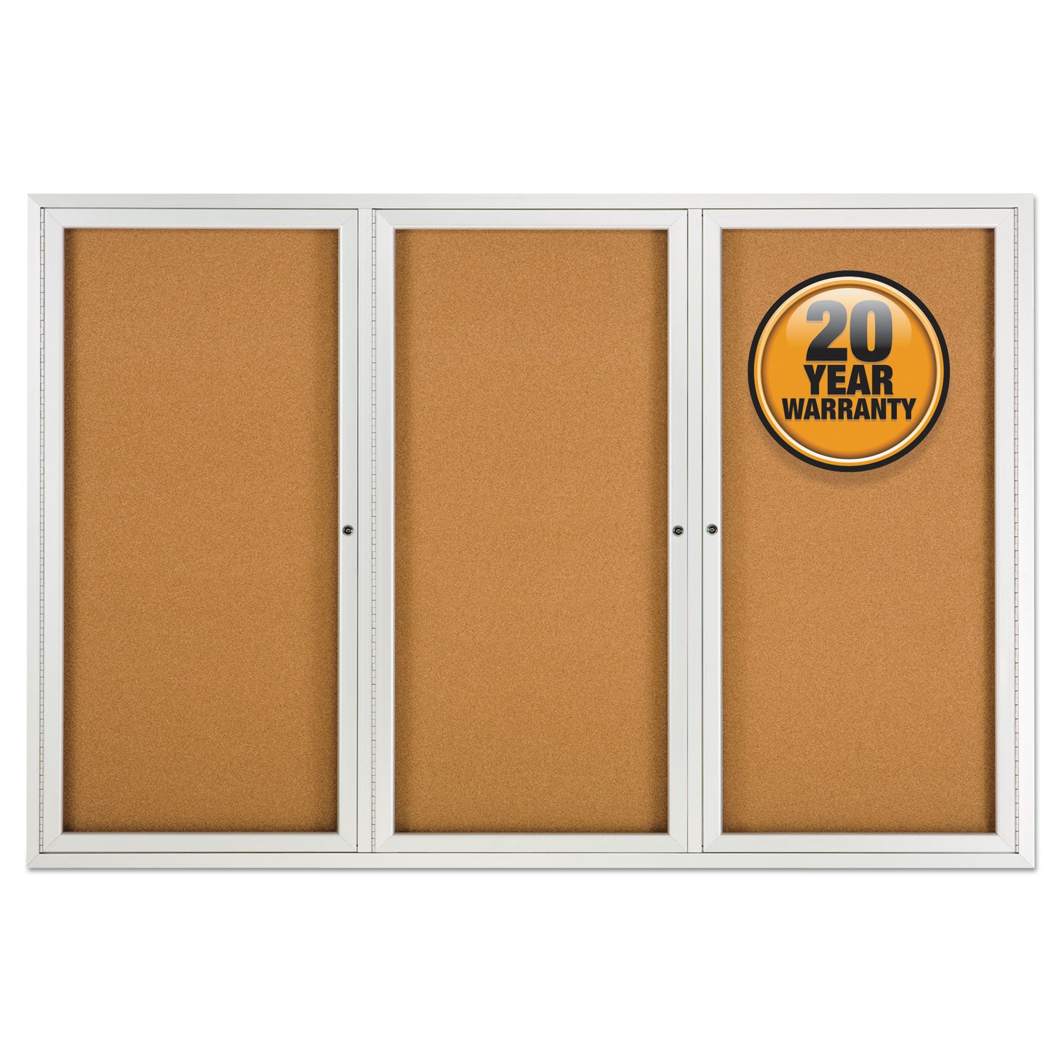 Enclosed Indoor Cork Bulletin Board with Three Hinged Doors, 72 x 48, Tan Surface, Silver Aluminum Frame - 2