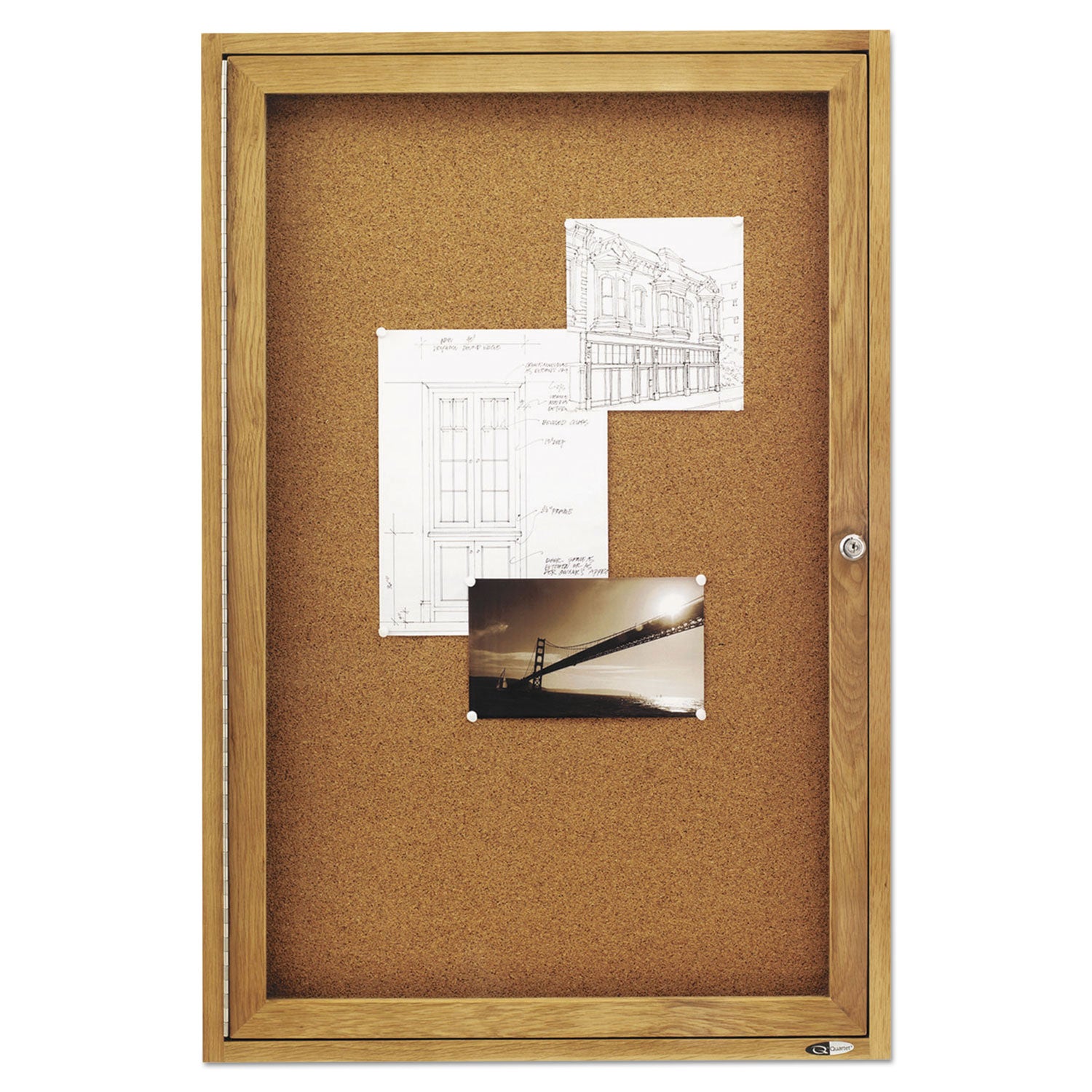 Enclosed Indoor Cork Bulletin Board with One Hinged Door, 24 x 36, Tan Surface, Oak Fiberboard Frame - 