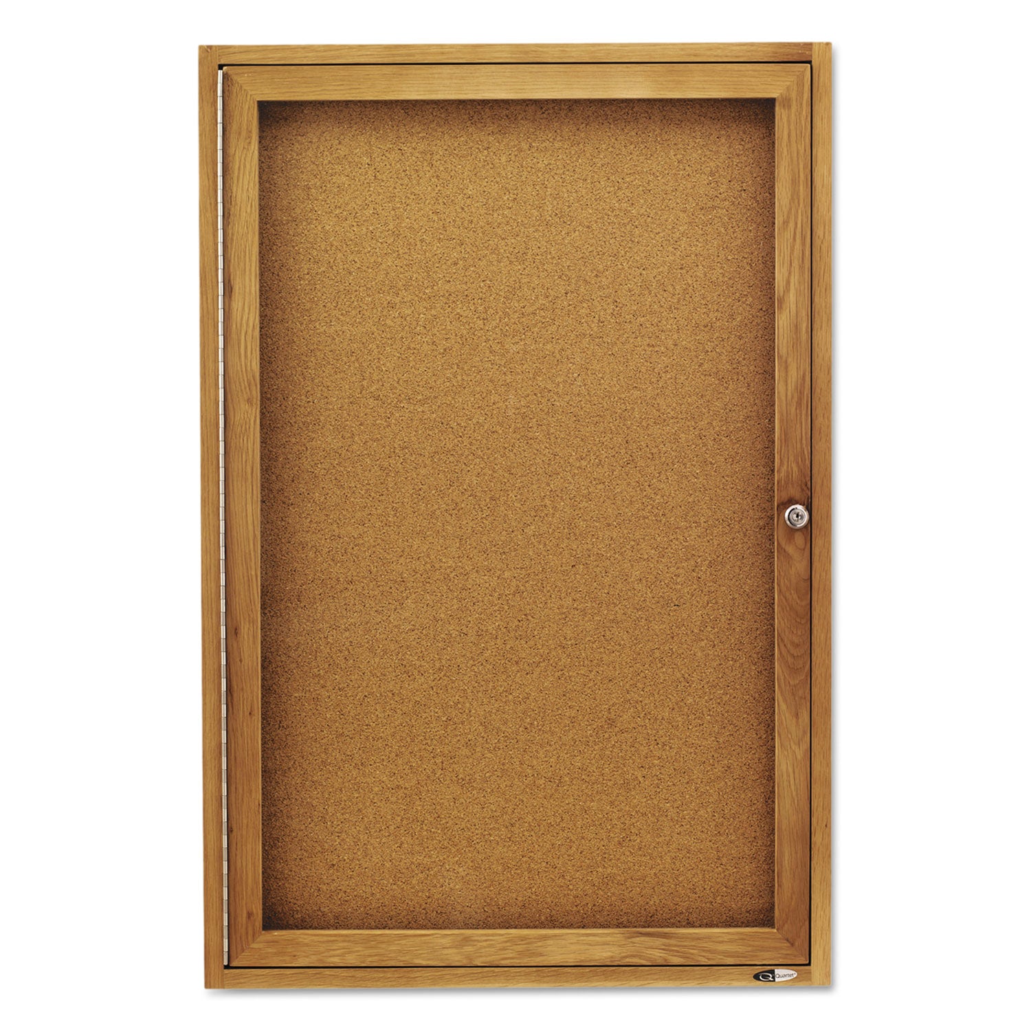 Enclosed Indoor Cork Bulletin Board with One Hinged Door, 24 x 36, Tan Surface, Oak Fiberboard Frame - 
