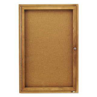 Enclosed Indoor Cork Bulletin Board with One Hinged Door, 24 x 36, Tan Surface, Oak Fiberboard Frame - 