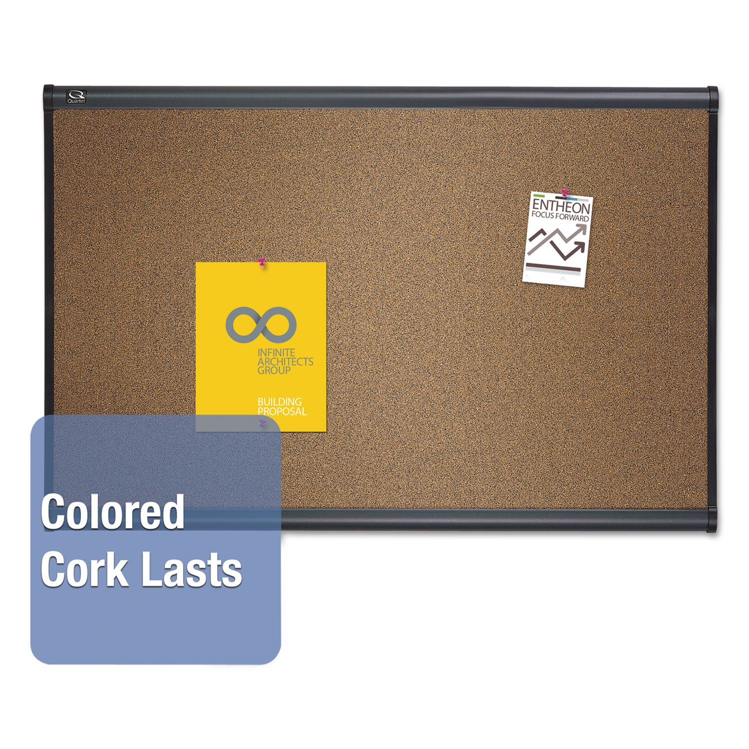 Prestige Colored Cork Bulletin Board, 36 x 24, Brown Surface, Graphite Gray Fiberboard/Plastic Frame - 