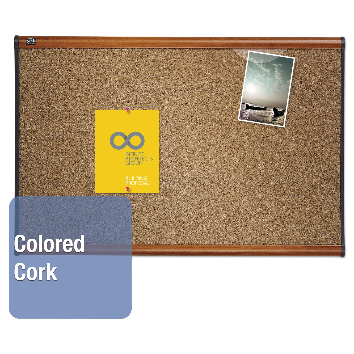 Prestige Colored Cork Bulletin Board, 36 x 24, Brown Surface, Light Cherry Fiberboard/Plastic Frame - 