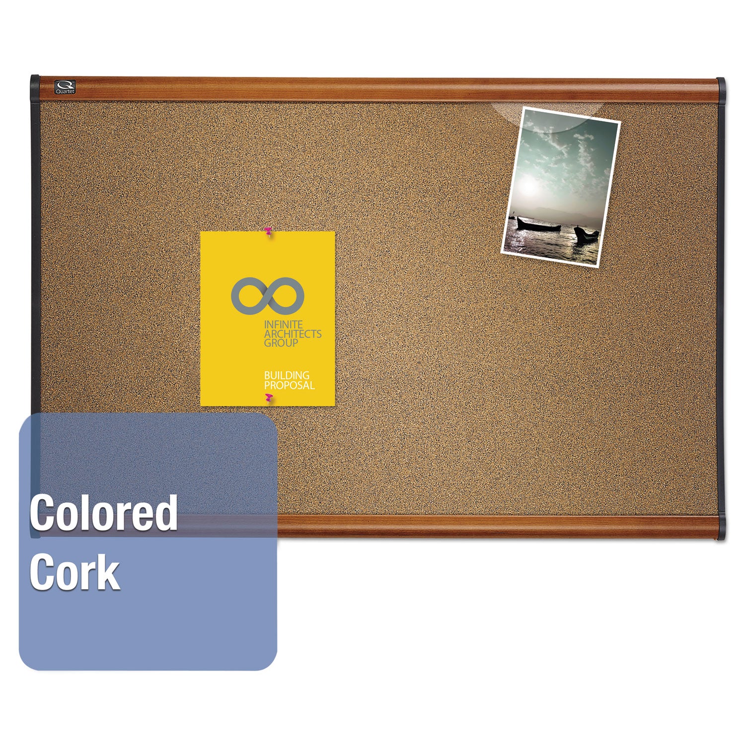 Prestige Colored Cork Bulletin Board, 48 x 36, Brown Surface, Light Cherry Fiberboard/Plastic Frame - 