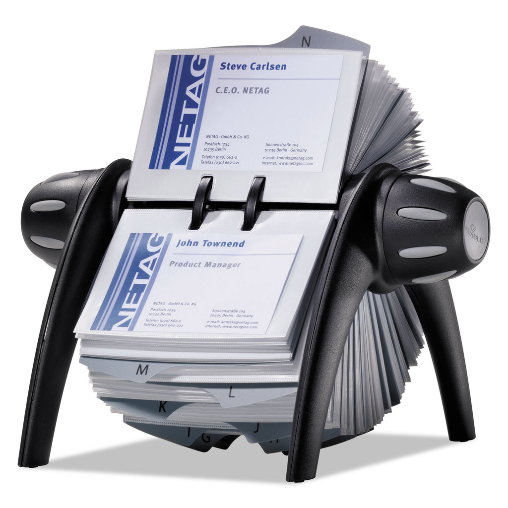 VISIFIX Flip Rotary Business Card File, Holds 400 2.88 x 4.13 Cards, 8.75 x 7.13 x 8.06, Plastic, Black/Silver - 3