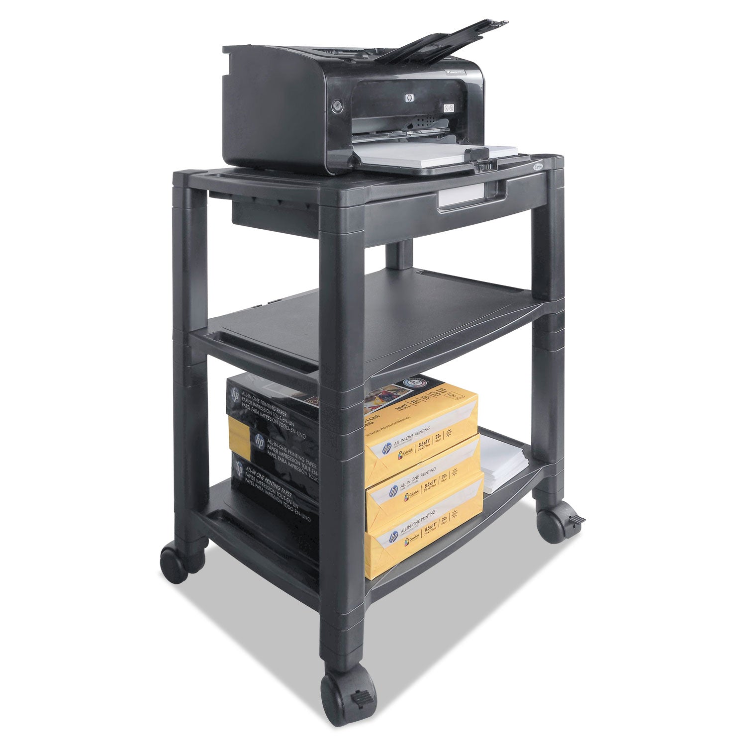 height-adjustable-deskside-printer-cart-plastic-3-shelves-1-drawer-60-lb-capacity-20-x-1325-x-245-black_ktkps640 - 1