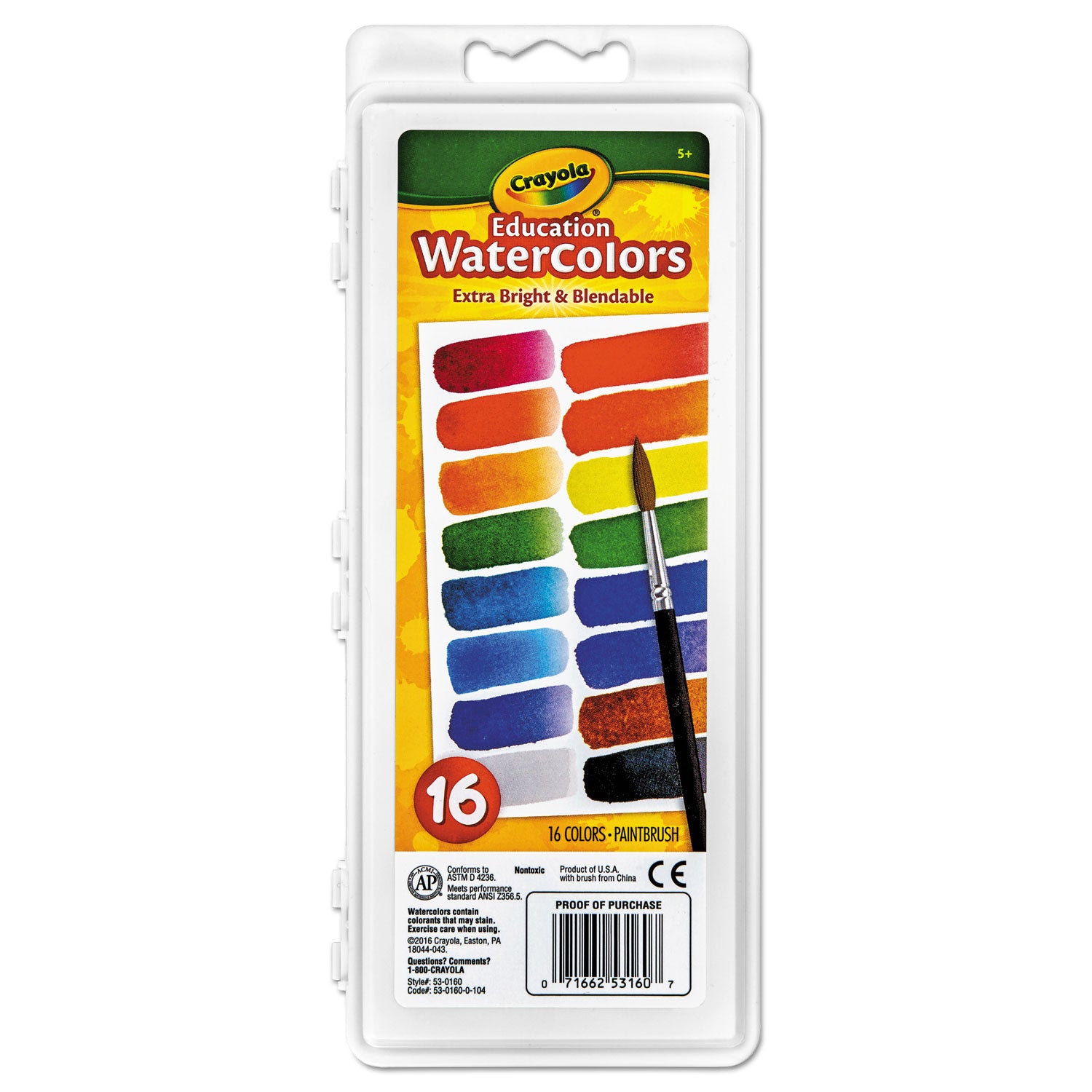 Watercolors, 16 Assorted Colors, Palette Tray - 