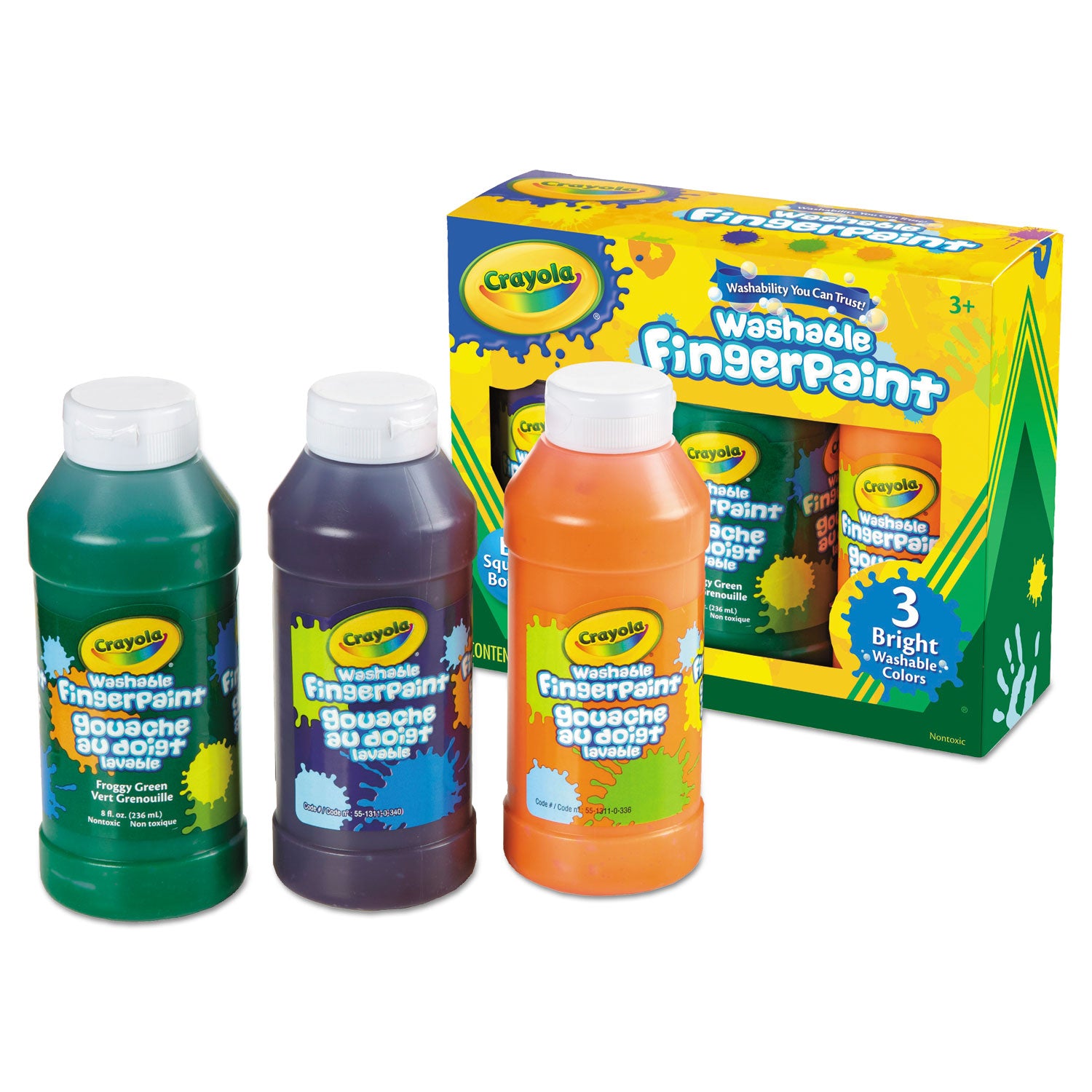 Washable Fingerpaint Pack, 3 Assorted Bright Colors, 8 oz Tube, 3/Box