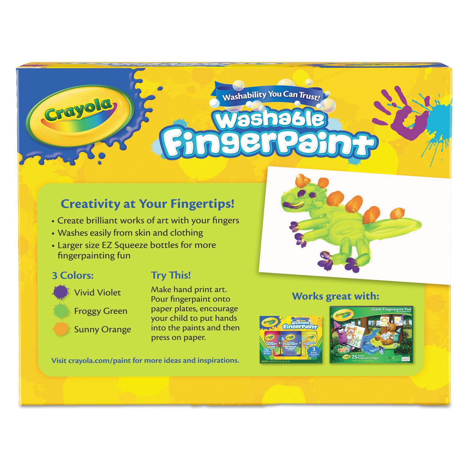 Washable Fingerpaint Pack, 3 Assorted Bright Colors, 8 oz Tube, 3/Box - 