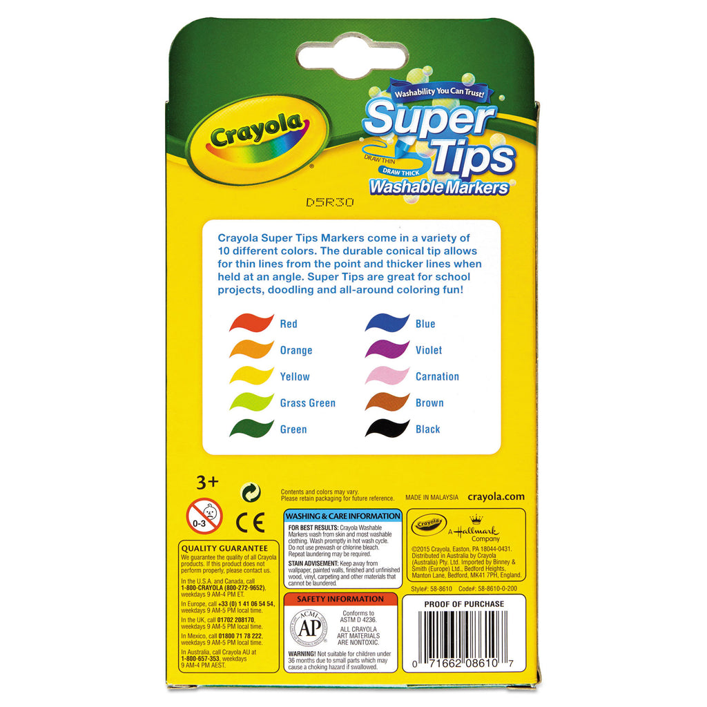 Washable Super Tips Markers, Fine/Broad Bullet Tips, Assorted Colors, 10/Set