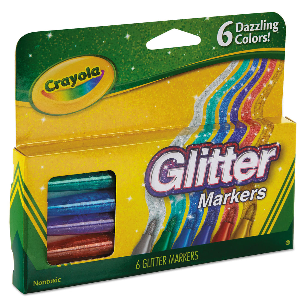 Glitter Markers, Medium Bullet Tip, Assorted Colors, 6/Set - 