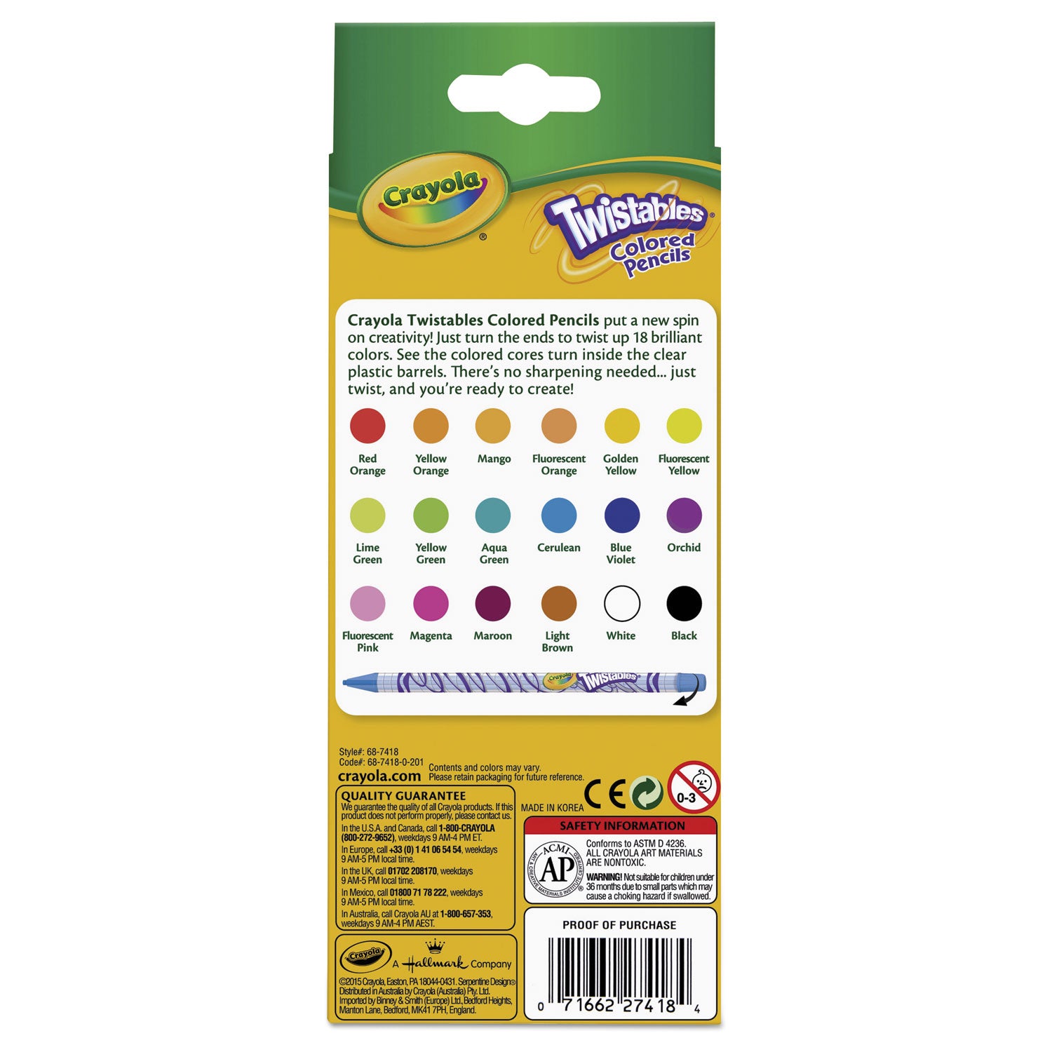 Twistables Colored Pencils, 2 mm, 2B, Assorted Lead and Barrel Colors, 18/Pack