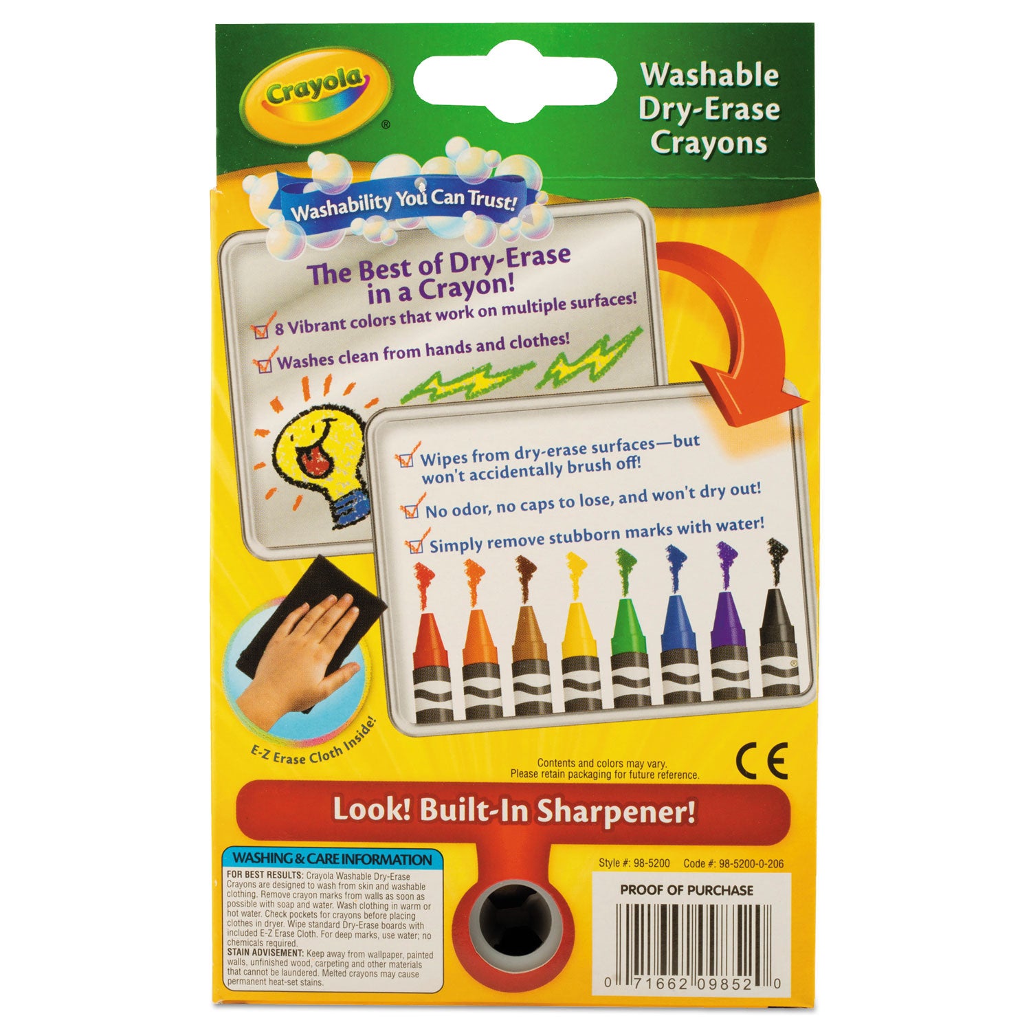 Washable Dry Erase Crayons w/E-Z Erase Cloth, Assorted Colors, 8/Pack - 