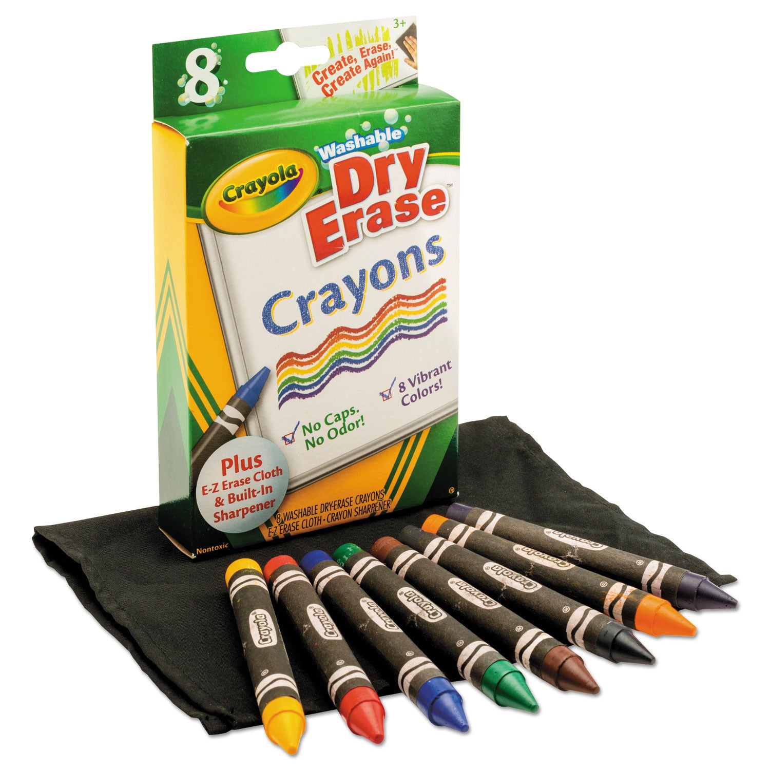 Washable Dry Erase Crayons w/E-Z Erase Cloth, Assorted Colors, 8/Pack - 