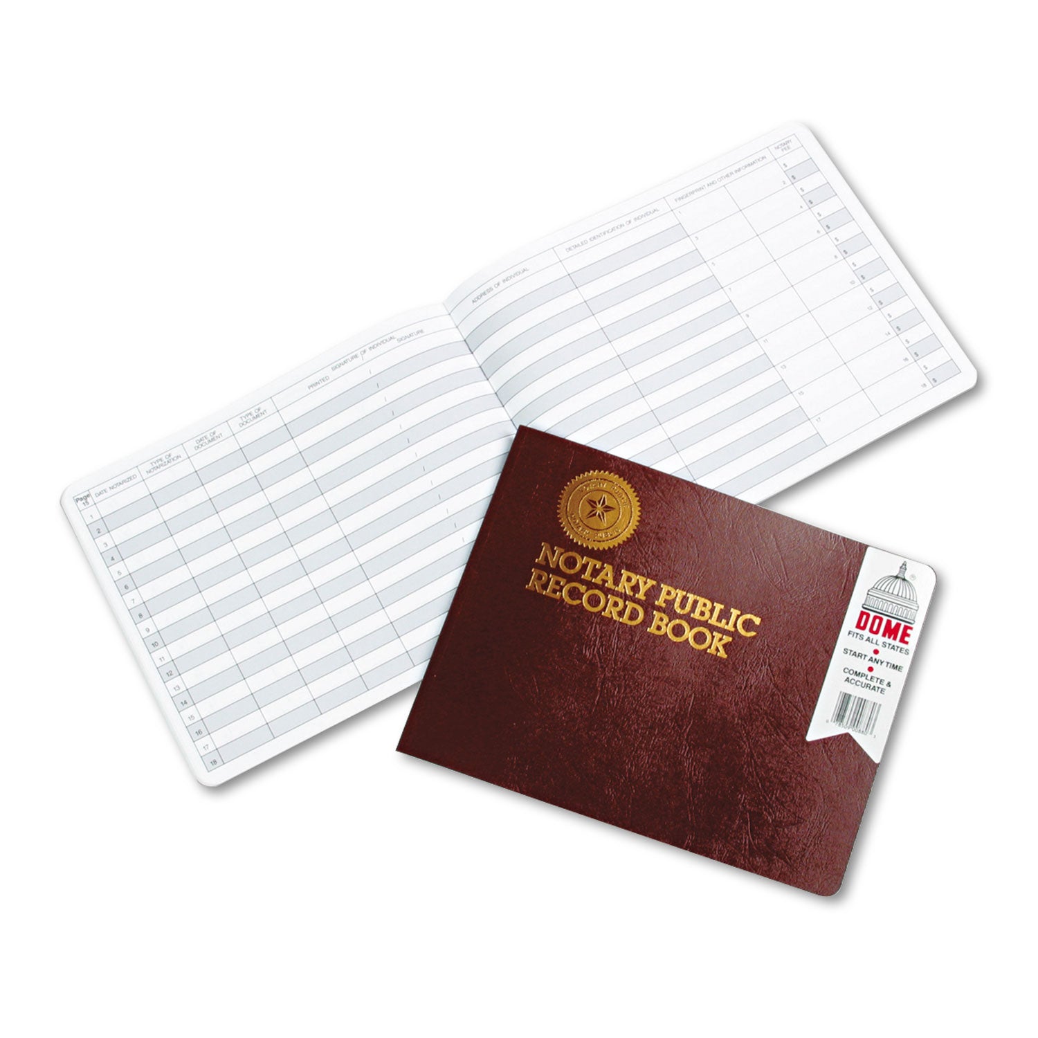 Notary Public Record Book, 10 Column Format, Maroon Cover, 10.5 x 8.25 Sheets, 32 Sheets/Book - 