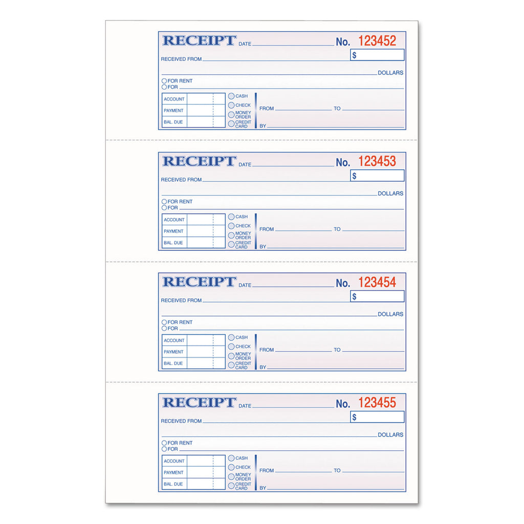TOPS 3-Part Hardbound Receipt Book, Three-Part Carbonless, 7 x 2.75, 4 Forms/Sheet, 200 Forms Total