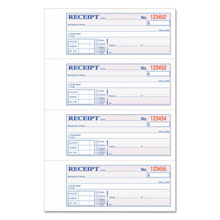 TOPS 3-Part Hardbound Receipt Book, Three-Part Carbonless, 7 x 2.75, 4 Forms/Sheet, 200 Forms Total
