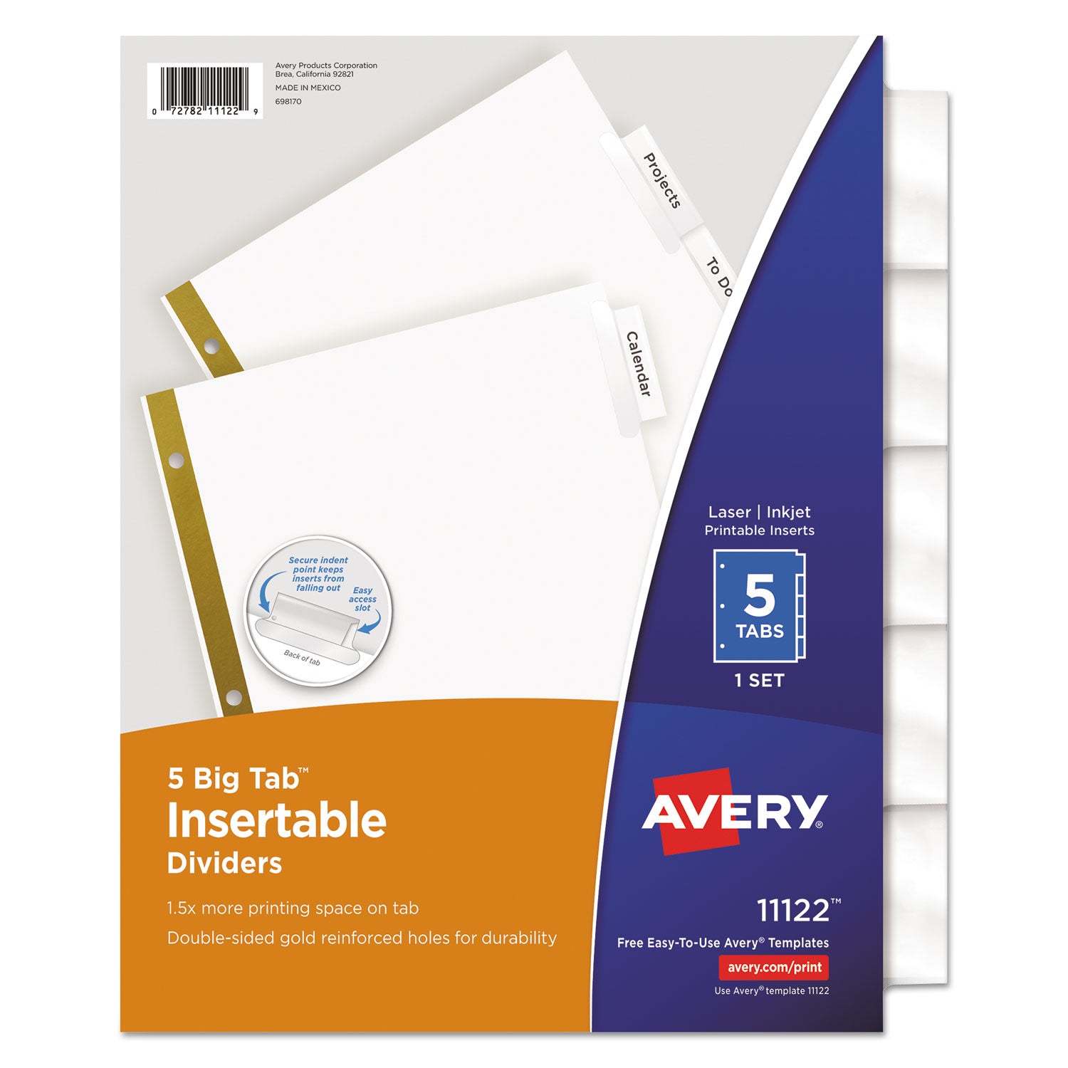 Insertable Big Tab Dividers, 5-Tab, Double-Sided Gold Edge Reinforcing, 11 x 8.5, White, Clear Tabs, 1 Set - 