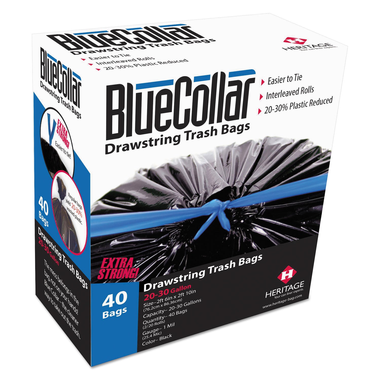 Drawstring Trash Bags, 30 gal, 1 mil, 30" x 34", Black, 40 Bags/Box, 6 Boxes/Carton