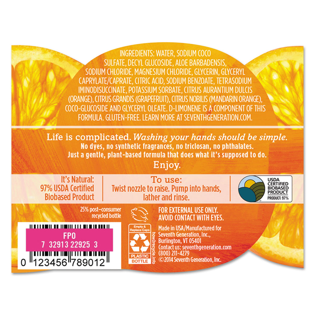Natural Hand Wash, Mandarin Orange and Grapefruit, 12 oz Pump Bottle, 8/Carton