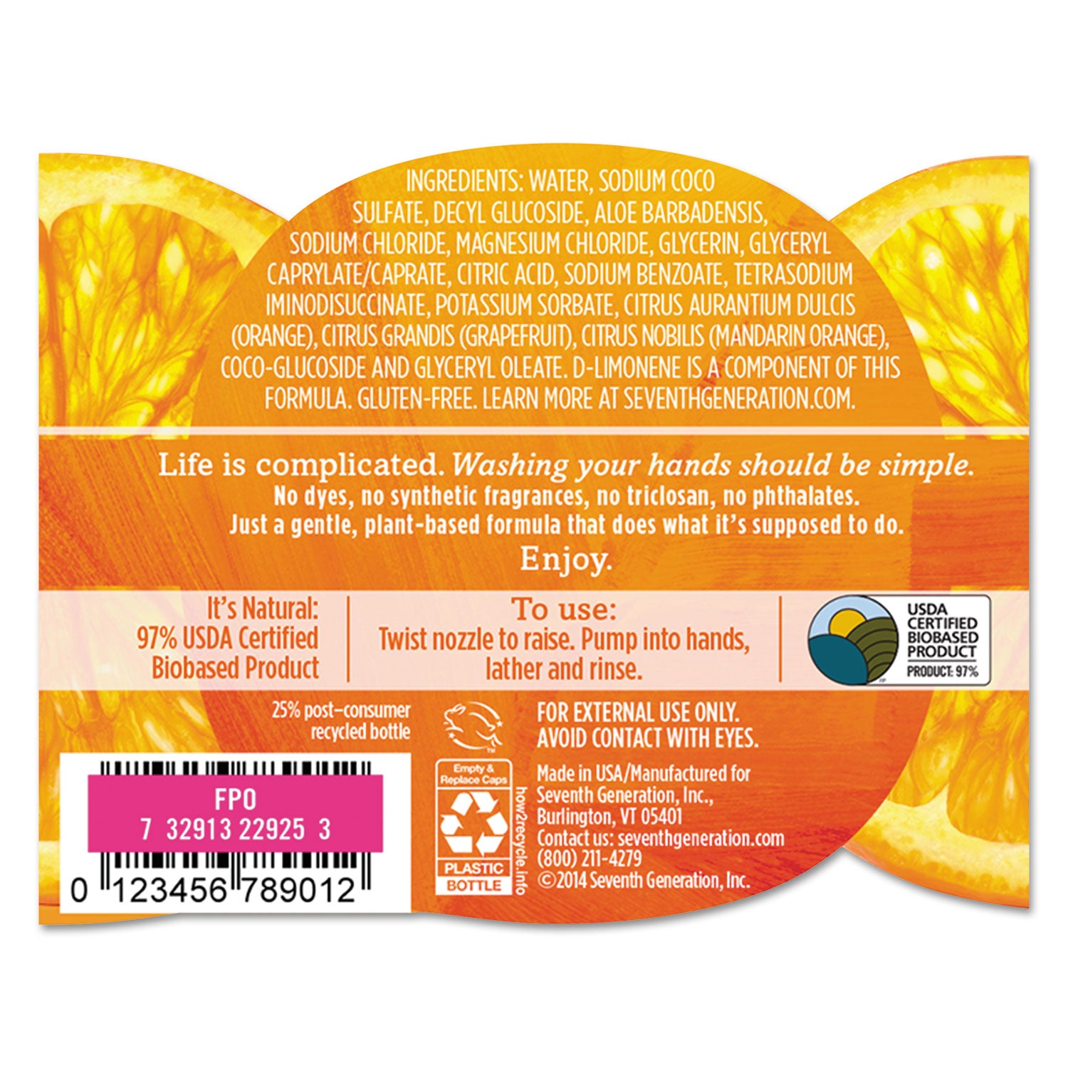 Natural Hand Wash, Mandarin Orange and Grapefruit, 12 oz Pump Bottle, 8/Carton