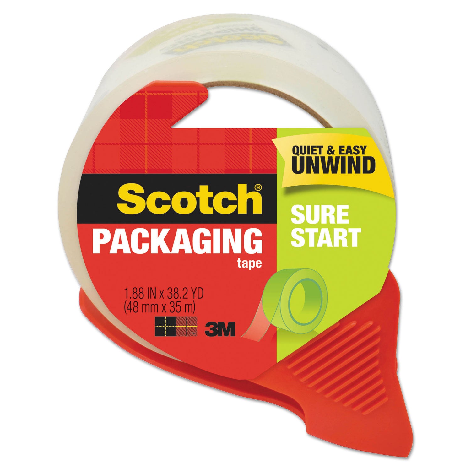Sure Start Packaging Tape with Dispenser, 3" Core, 1.88" x 38.2 yds, Clear - 
