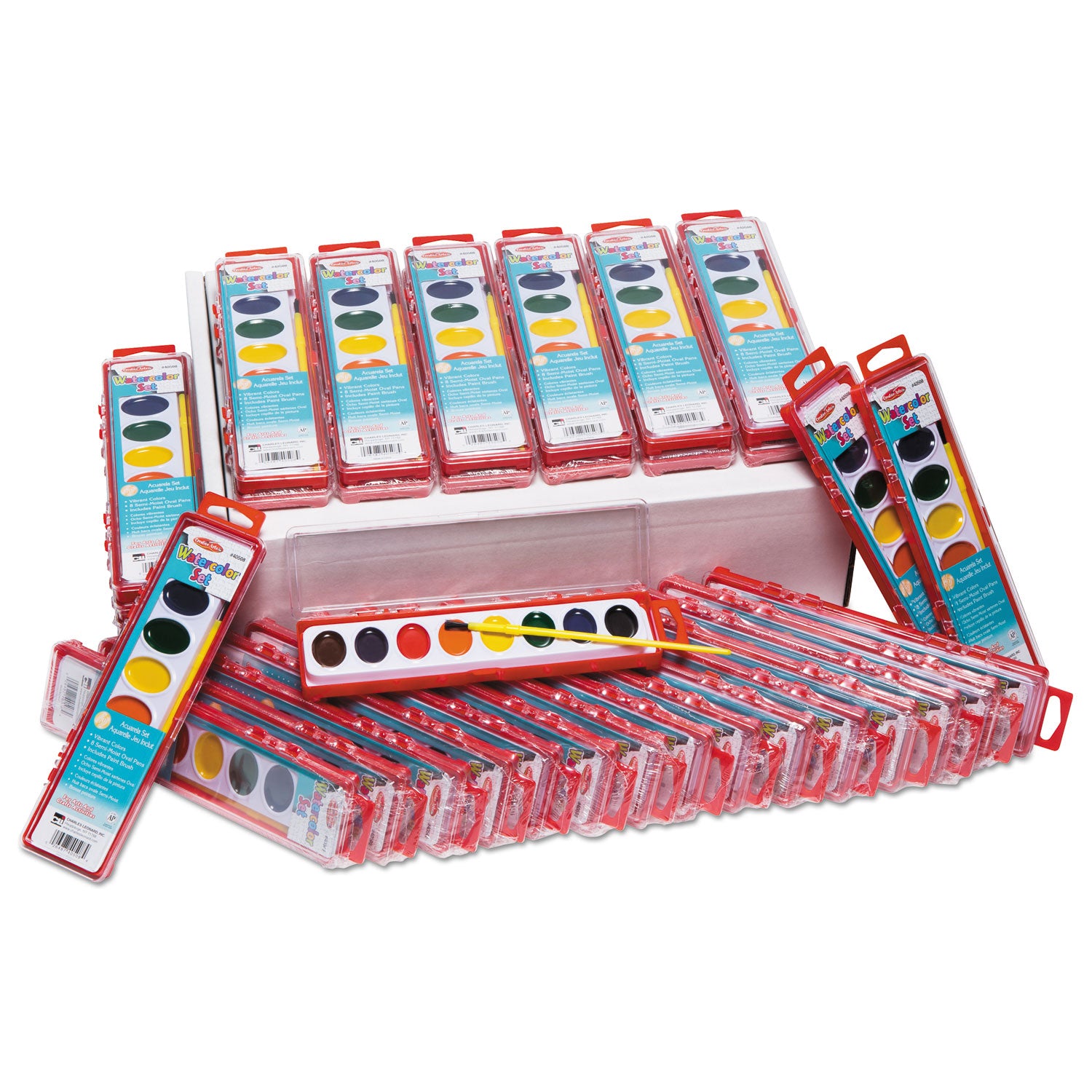 charles-leonard-watercolor-paint-pan-kit-class-pack-8-assorted-colors-1-oz-palette-tray-36-kits-box_leo40536 - 1