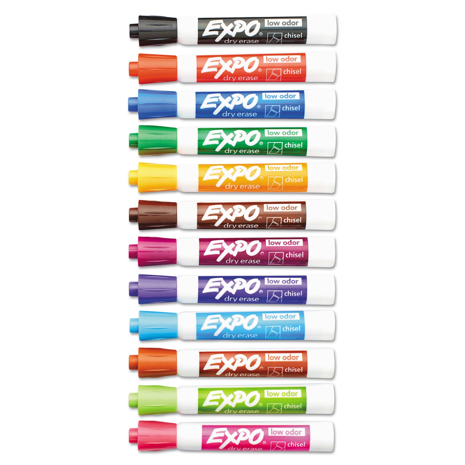 Low-Odor Dry-Erase Marker, Broad Chisel Tip, Assorted Colors, 12/Set - 