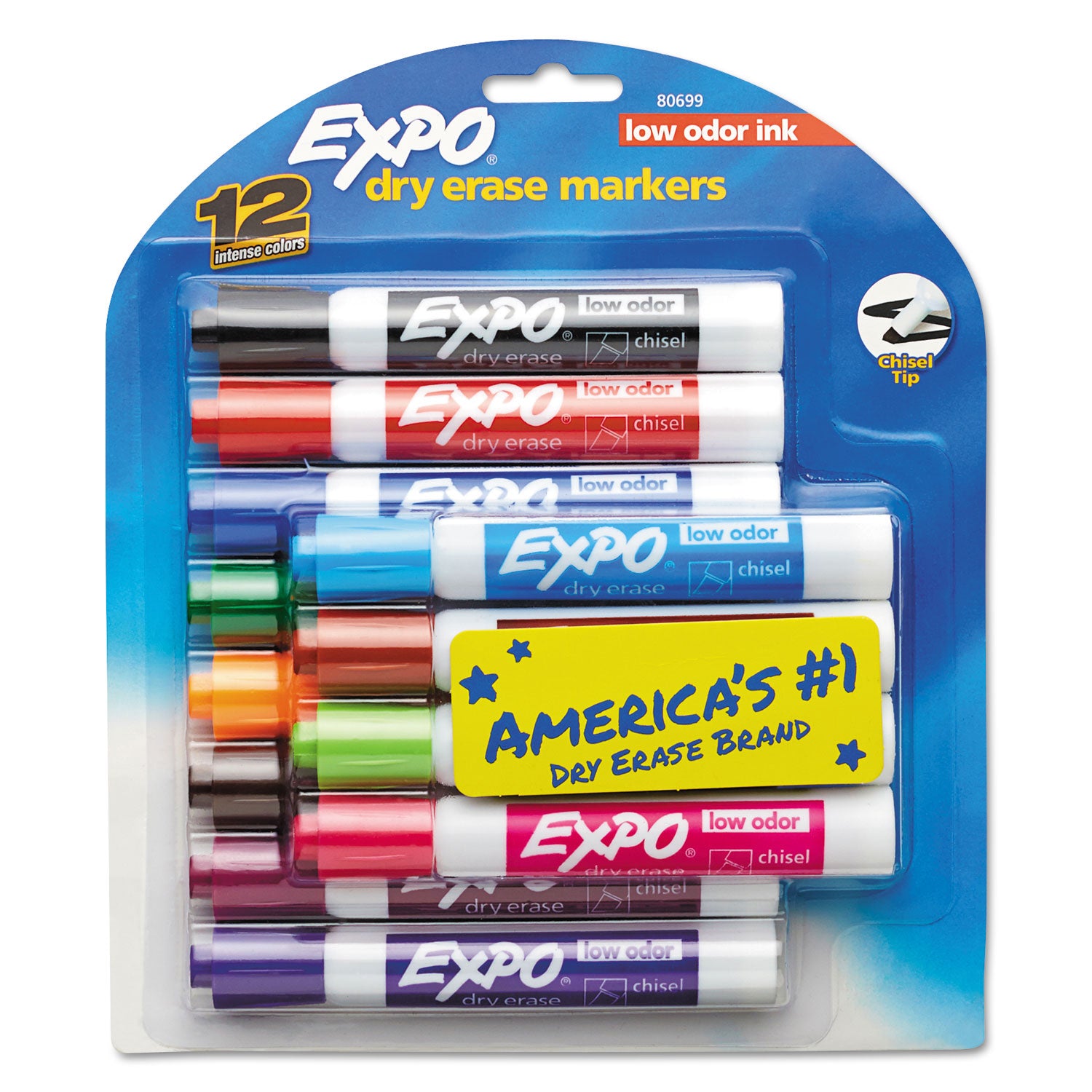 Low-Odor Dry-Erase Marker, Broad Chisel Tip, Assorted Colors, 12/Set - 