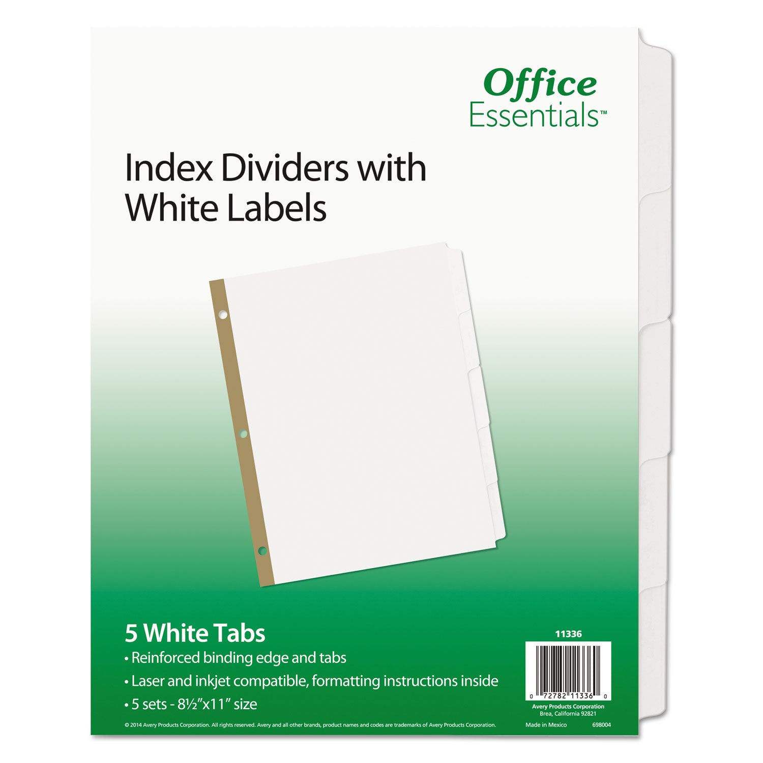 Index Dividers with White Labels, 5-Tab, 11 x 8.5, White, 5 Sets - 