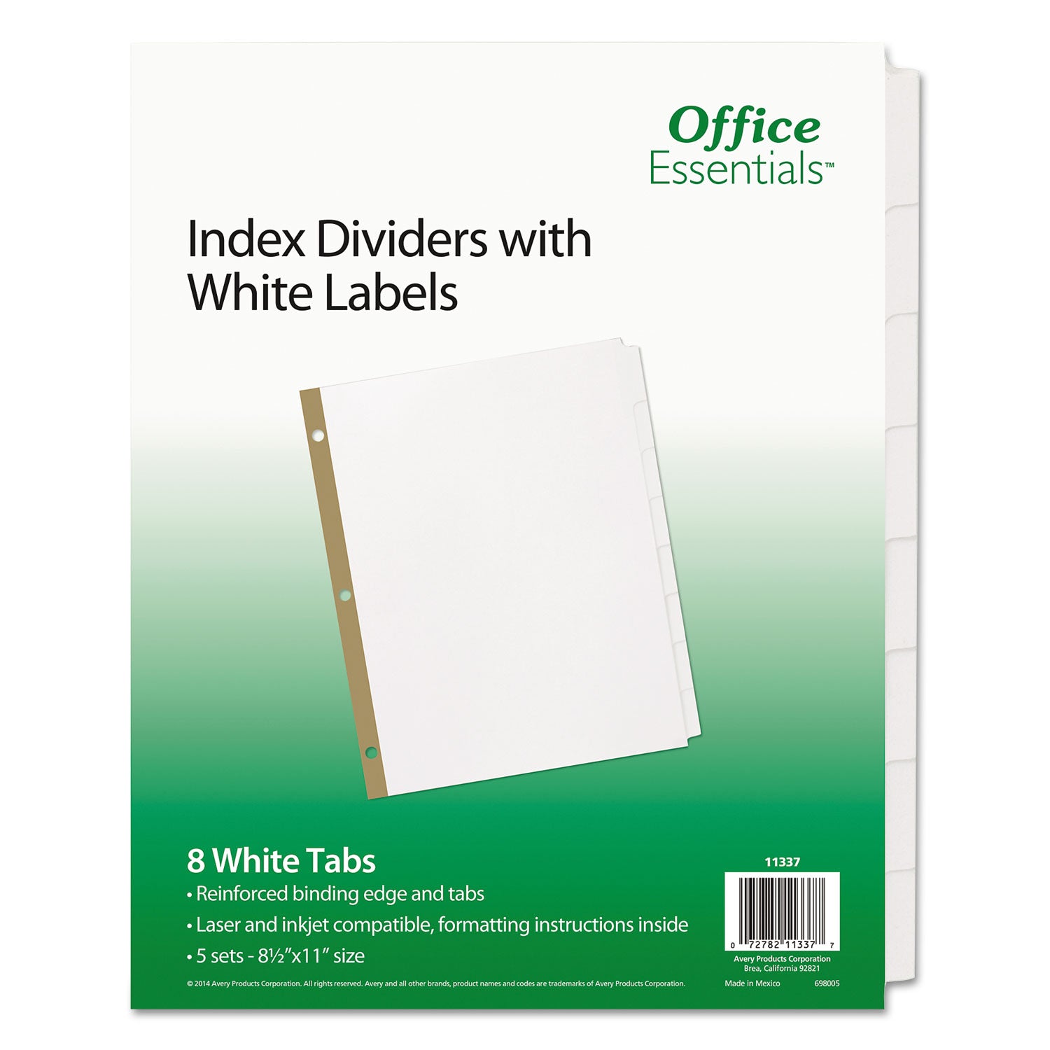 Index Dividers with White Labels, 8-Tab, 11 x 8.5, White, 5 Sets - 