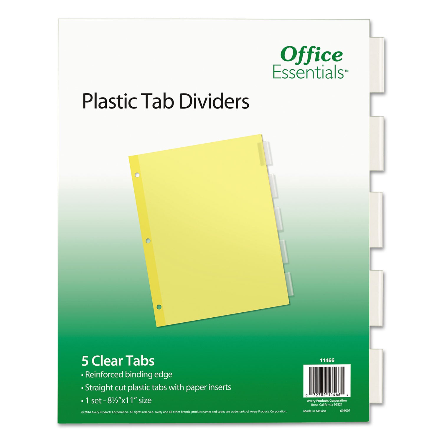 Plastic Insertable Dividers, 5-Tab, 11 x 8.5, Clear Tabs, 1 Set - 