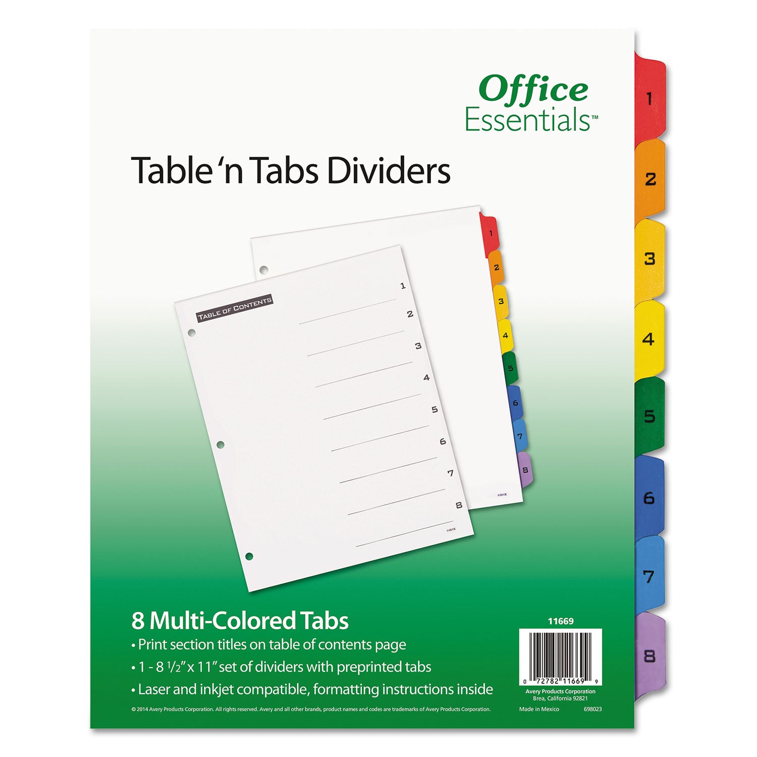 Table 'n Tabs Dividers, 8-Tab, 1 to 8, 11 x 8.5, White, Assorted Tabs, 1 Set - 