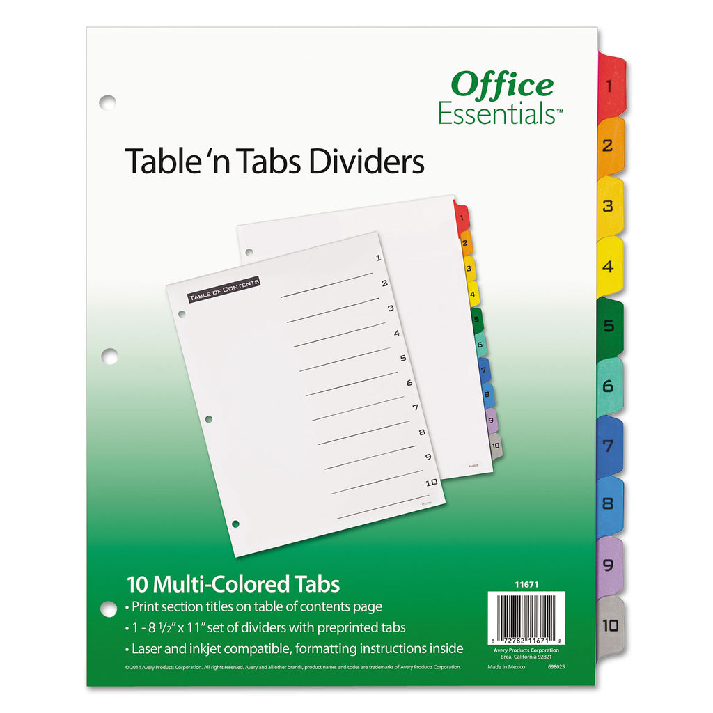 Table 'n Tabs Dividers, 10-Tab, 1 to 10, 11 x 8.5, White, Assorted Tabs, 1 Set - 