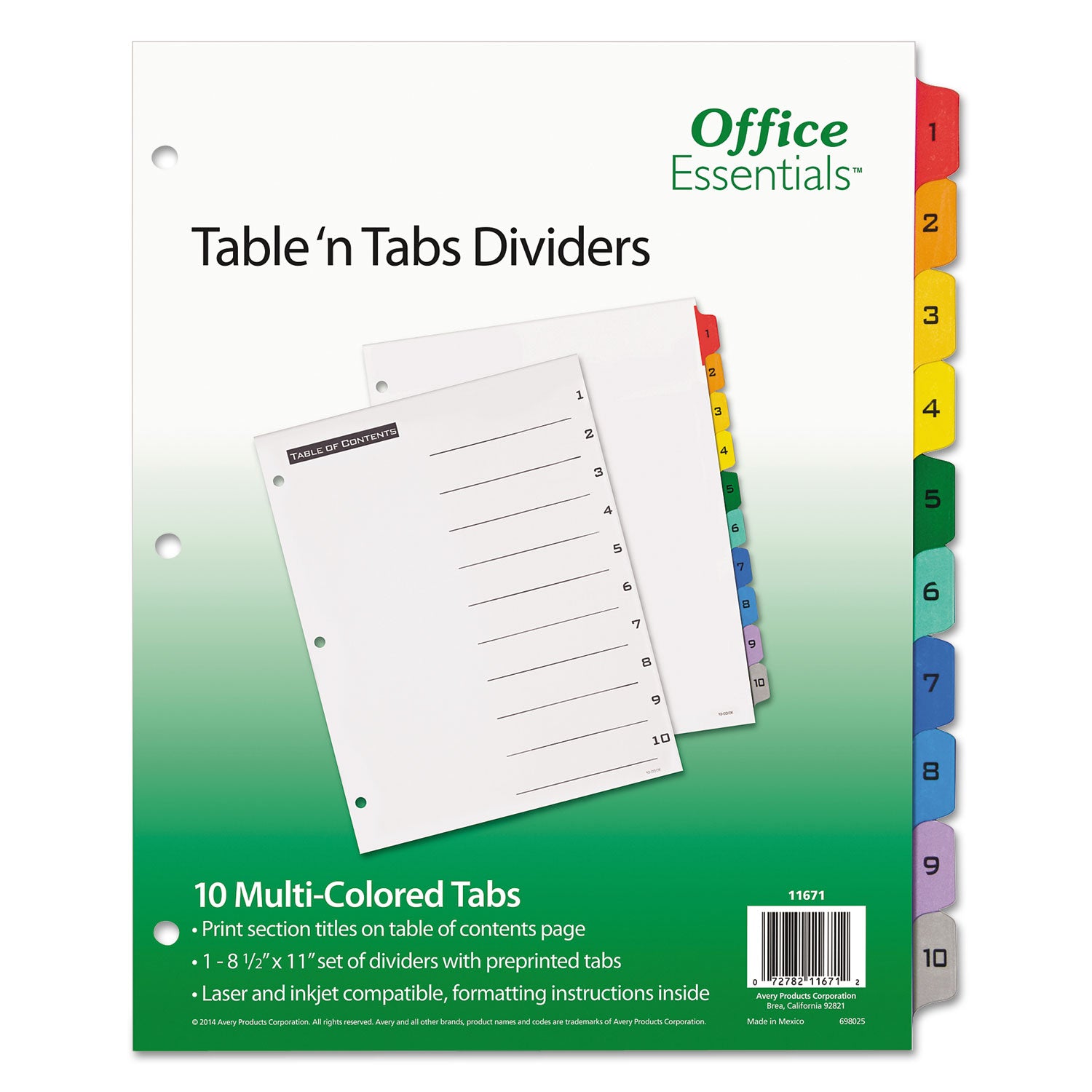 Table 'n Tabs Dividers, 10-Tab, 1 to 10, 11 x 8.5, White, Assorted Tabs, 1 Set - 