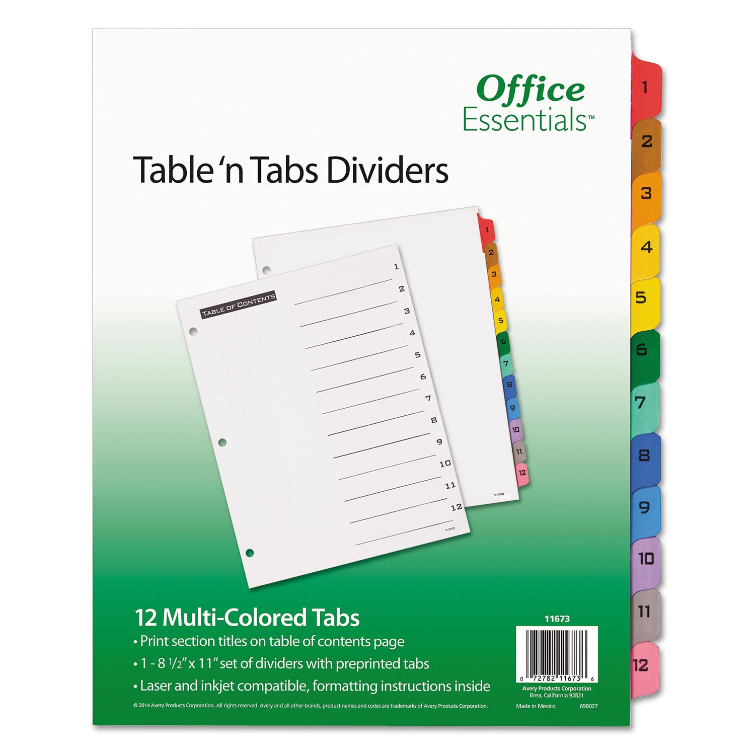 Table 'n Tabs Dividers, 12-Tab, 1 to 12, 11 x 8.5, White, Assorted Tabs, 1 Set - 