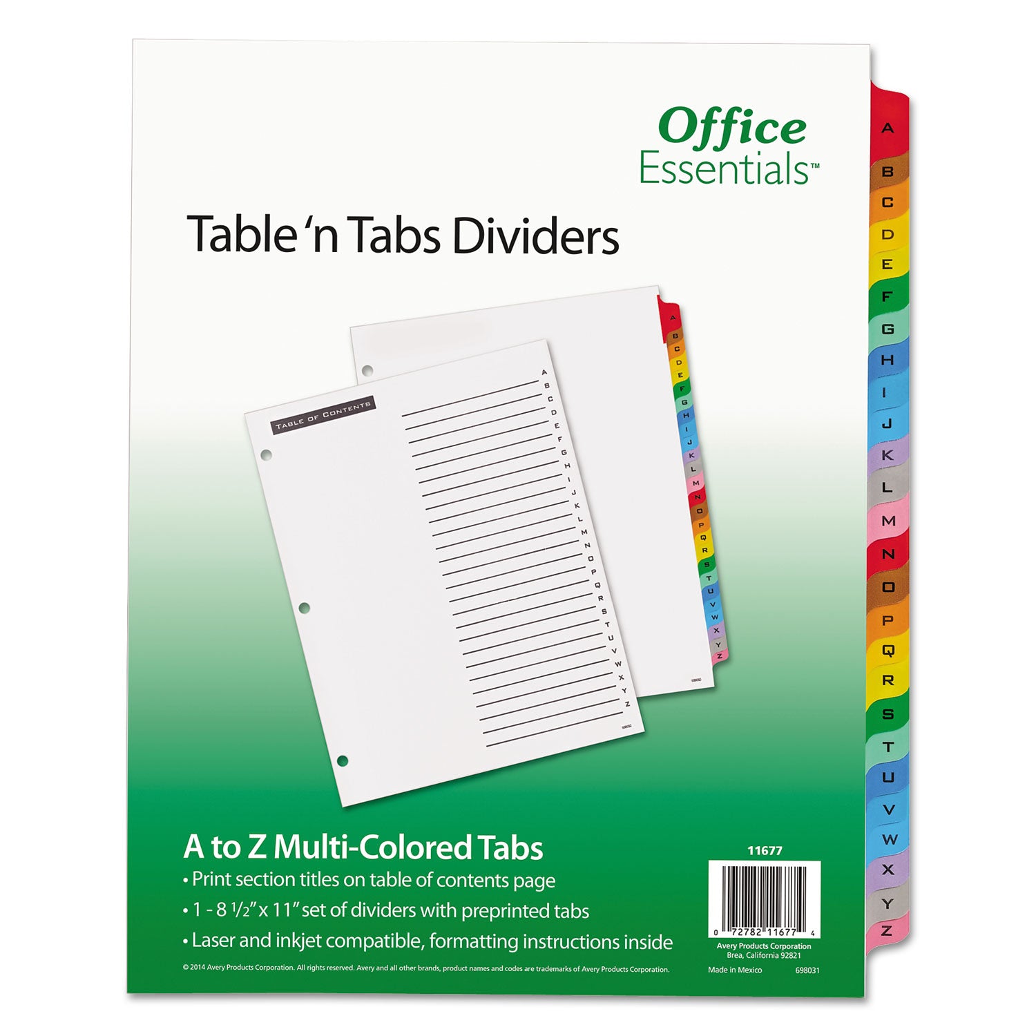 Table 'n Tabs Dividers, 26-Tab, A to Z, 11 x 8.5, White, Assorted Tabs, 1 Set - 