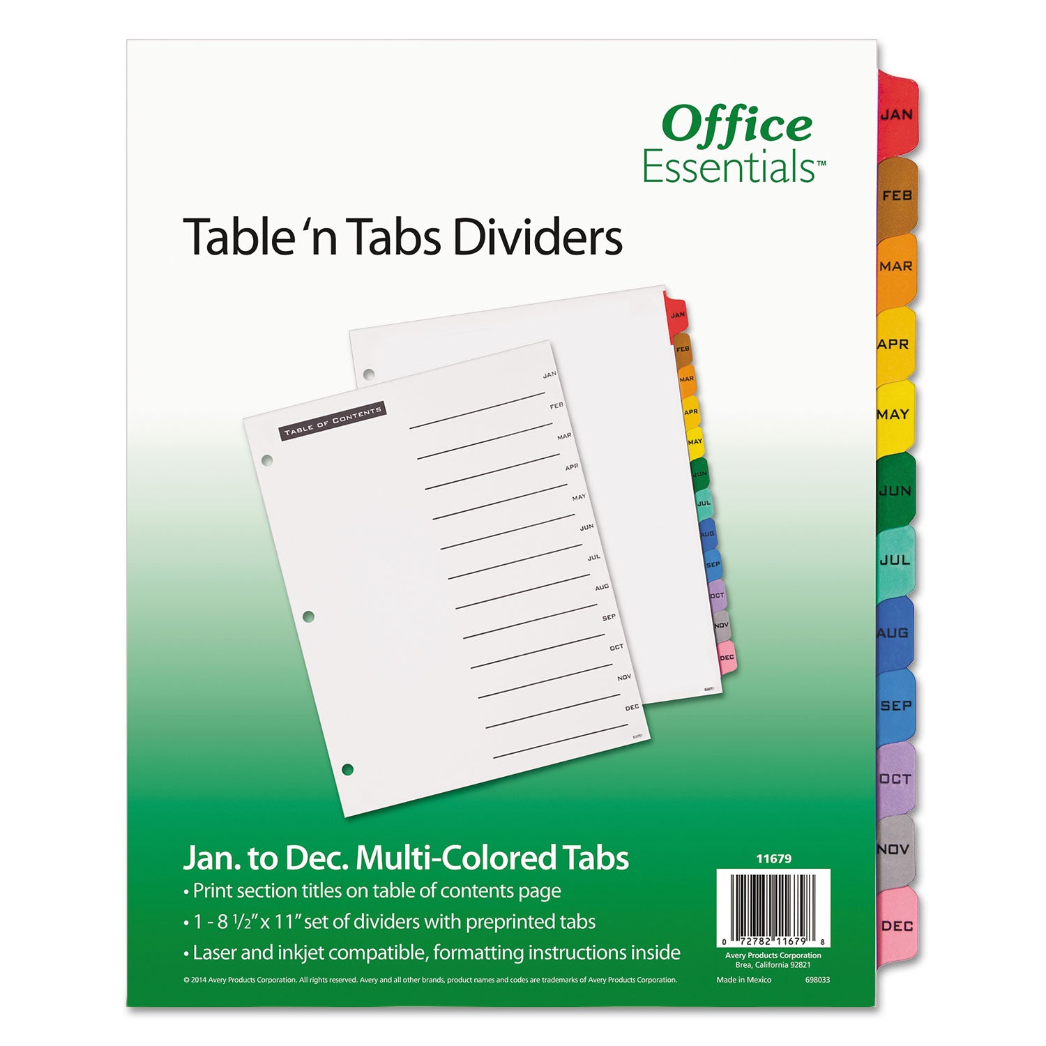 Table 'n Tabs Dividers, 12-Tab, Jan. to Dec., 11 x 8.5, White, Assorted Tabs, 1 Set - 